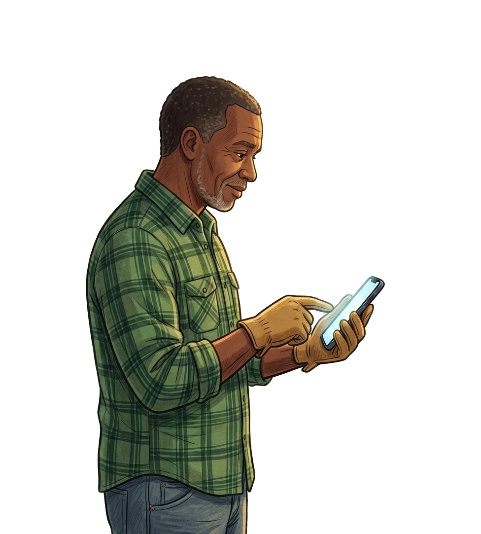 A farmer in a plaid shirt and work gloves tapping on a phone